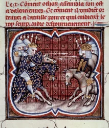 Französisch-Englischer Krieg (1202-1214): Die Schlacht von Bouvines am 27.07.1214 zwischen der französischen Armee von Philippe Auguste und den Flamen und Welfen von Othon IV. Der französische Sieg war entscheidend für den Ausgang des Krieges