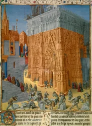 König Salomos Bau des Tempels von Jerusalem. Der König beobachtet den Bau vom Balkon seines Palastes. Miniatur aus dem Manuskript „The Judaic Antiquities“ von Josephus Flavius, illustriert von Jean Fouquet