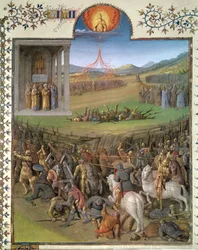 Ms Fr 247 f.70 Schlacht der Hebräer gegen die Kanaaniter und die Bestrafung von Korah und den Rebellen, Illustration aus 