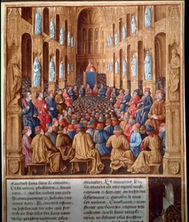 Papst Urban II. (1042-1099) predigt auf dem Konzil von Clermont, Frankreich, den Ersten Kreuzzug und vereint Ritter, Adel und Kardinäle
