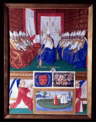 Saint Hilaire (Saint-Hilaire) (401-449) zum Konzil einberufen von Papst Leo I. um 445-445 Miniatur aus „Das Stundenbuch des Etienne Chevalier“ von Jean Fouquet (1420-1477/1481)
