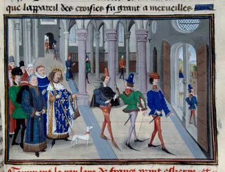 Der heilige König Ludwig (Ludwig IX. (1214-1270) bereitet sich auf die Abreise ins Ausland vor. Miniatur aus Les Grandes Chroniques von Jean Fouquet (1420-1481), Paris, Bibliothek des Arsenal