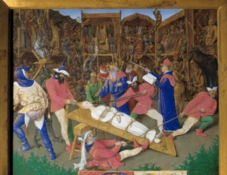 Die Gelübde der Heiligen. Martyrium der Heiligen Apolline. Die christliche Heilige Apolline von Alexandria wird 249 n. Chr. von den Heiden gefoltert. Die Henker ziehen ihr an den Haaren und brechen ihr die Zähne. Kaiser Dece ist ein Zuschauer. Detail einer