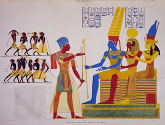 Ramses II. vor der Triade, Fresko von der Ostwand der großen Halle von Abu Simbel, aus Denkmäler von Ägypten und Nubien