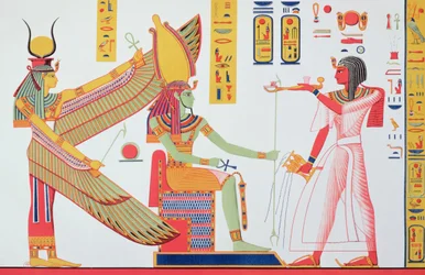 Ramses IV (1153-1147 v. Chr.) bietet Isis und Amon-Re Weihrauch dar, sitzend auf einem Thron, Kopie eines Wandgemäldes aus seinem Grab im Tal der Könige, Tafel 260 aus Monuments d