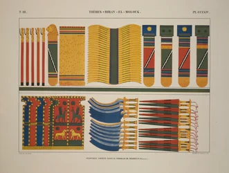 Verschiedene ägyptische Waffen und Rüstungen, Theben, Biban-el-Molouk, Illustration aus "Monuments de L"Egypte et de la Nubie, 1845"