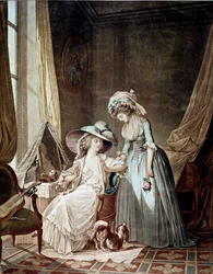 Das schwierige Geständnis. Eine Dienerin hört ihrer Herrin zu. Druck von Jean Francois Janinet (1752-1814)