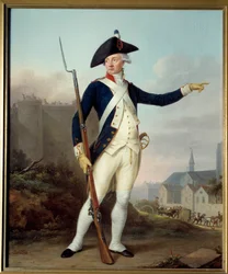 Französische Revolution: „Porträt en pied des Bürgers Nau Deville in Uniform der Nationalgarde (im Hintergrund der Abriss der Bastille)