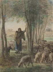 Eine Schäferin und ihre Herde im Schatten der Bäume, 1854-55