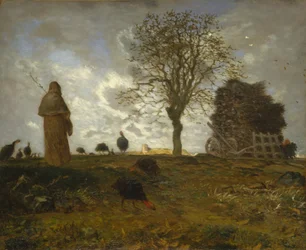 Herbstlandschaft mit einer Herde Truthähne