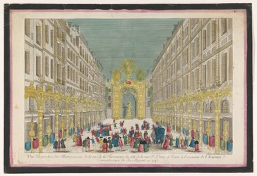Ansicht der Dekoration der Rue de la Feronnerie in Paris anlässlich der Genesung von Ludwig XV., König von Frankreich, im Jahr 1745
