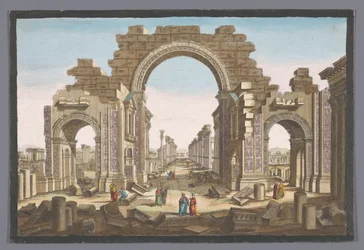 Ansicht der Ruine des Bogens der Säulengalerie in Palmyra, von der Ostseite gesehen