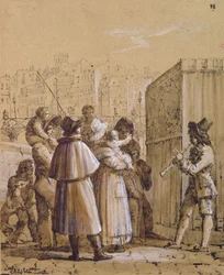 Zuschauer beobachten eine Pulcinella-Show in der Nähe der Pont des Arts in Paris