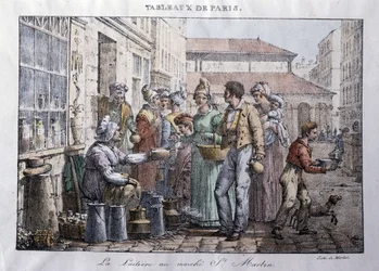 Altes Straßenhandwerk in Paris: Die Milchfrau vom Markt Saint Martin - Gravur von Jean Henry Marlet (1771-1847) in „Die Bilder von Paris“, Serie von 72 Drucken, Ende des 19. Jahrhunderts
