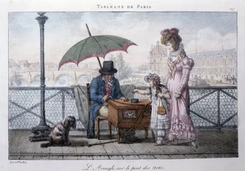 Alte Straßenszene in Paris: blinder Bettler auf der Brücke der Künste. Gravur von Jean Henry Marlet (1771-1847) in „Les Tableaux de Paris“, Serie von 72 Drucken, späte 19. Jahrhundert.