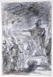 Szene aus Ariostos "Orlando Furioso": Rodomonte und Mandricardo tragen ihren Fall vor Agramante vor
