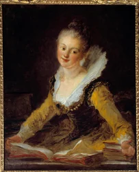 Studie. Eine Frau in ihrem Büro blättert durch Bücher, um zu lernen. Gemälde von Jean-Honoré Fragonard (1732-1806)