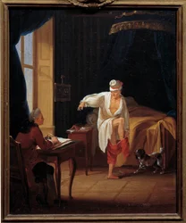 Der Schriftsteller und Philosoph Voltaire (1694-1778) diktiert seinem Sekretär Collini in Ferney