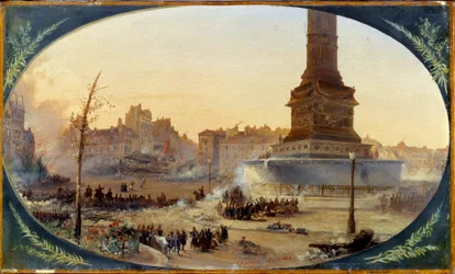 Revolution von 1848: Ansicht des Place de la Bastille und der Barrikade am Eingang des Faubourg Saint Antoine am 25.06.1848. Gemälde auf maroufliertem Papier von Jean Jacques Champin. Paris, Musée Carnavalet