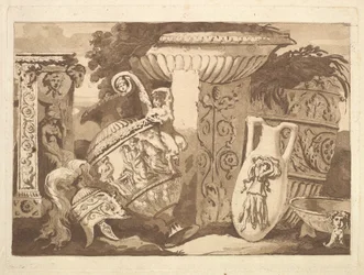 Komposition mit antiken Fragmenten und einer lehnenden Vase, aus Recueil de Compositions..., 1782-84