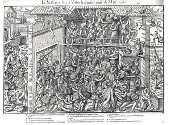 Das Massaker an der protestantischen Bevölkerung durch die Truppen des Herzogs von Guise in Wassy-sur-Blaise, 1. März 1562, graviert von Jacques Tortorel (1568-92)