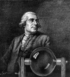 Porträt von Joseph de Montgolfier (1740-1810), französischer Industrieller, Erfinder des Heißluftballons. (Nach dem Porträt von Boissieu, im Musée de Lyon). Gravur in „La Nature: revue des sciences et de leurs applications aux arts et a l