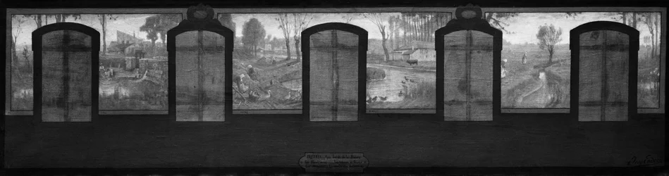 Skizze für das Rathaus von Fresnes: Die Ufer der Bièvre. Fresnes. An den Ufern der Bièvre. Die Wäscherinnen. Mehlsortierer. Die Pachtbetriebe. Die Rübenernte