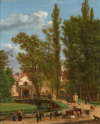 Dorfbewohner und Tiere in einer Landschaft neben einer Brücke am Dorfeingang