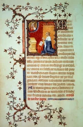 Herzog Johann I. von Berry (1340-1416) betet vor Gott, der ihn segnet. Miniatur aus der Handschrift (ms. lat. 18014) "Das Kleine Stundenbuch des Herzogs von Berry", illuminiert von Jean Le Noir, um 1375. Paris, B.N.