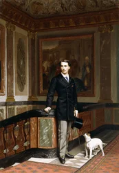 Conte de la Rouchefoucauld Duc de Doudeauville mit seinem Terrier, ca. 1870er