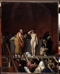Antikes Rom: „Der Sklavenmarkt in Rom“ (Der Sklavenmarkt in Rom). Eine nackte Sklavin auf einem Podest wird vor einem Publikum von Käufern verkauft, die ihre Arme heben, um einen Preis zu bieten. (1824-1904), 1884, Maße: 92 x 74 cm, Museum des E