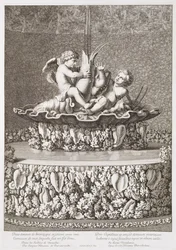 Brunnen mit zwei Amoren, die auf einem Flusskrebs reiten, entworfen von Jacques Houseau, in Versailles, 1677
