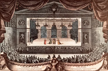 "Der eingebildete Kranke" von Jean Baptiste Poquelin genannt Molière in Versailles (farbige Gravur)
