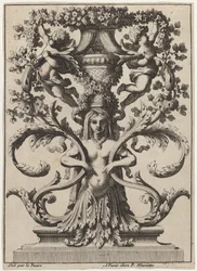 Ornament mit einer Frau, die sich in Laub verwandelt