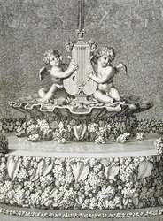 Zwei Cupidos halten eine Lyra, ein Brunnen in Versailles