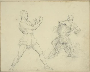 Boxer nach rechts und zwei Männer beim Ringen