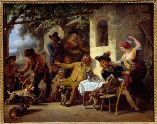 Gaukler vor einem Gasthaus