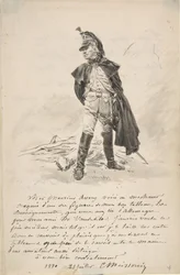 Brief an Samuel P. Avery mit einer Zeichnung einer Militärfigur, 1880