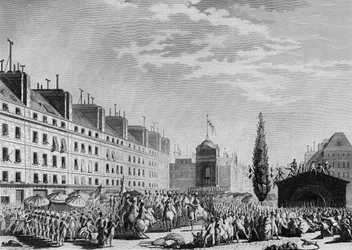 Französische Revolution: Proklamation der Verfassung (Konstitutionelle Monarchie: Gewaltenteilung und Einrichtung der konstitutionellen Monarchie) Place du Marché des Innocents in Paris am 14. September