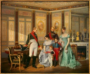 Die Kaiserin Joséphine de Beauharnais (1763-1814) empfing Zar Alexander I. (1777-1825), dem sie im Mai 1814 ihre Kinder empfahl. Die Kaiserin ist umgeben von Eugène Rose de Beauharnais, genannt Prinz Eugène (1781-1824), und Hortense de Beauharnais (geb.