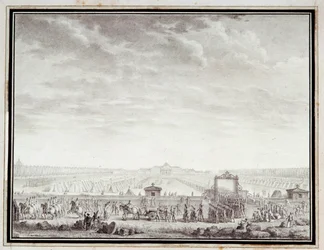 Französische Revolution: „Die Truppen des Champ-de-Mars auf dem Weg zum Place Louis XV: 12. Juli 1789“ Zeichnung in Tinte und Waschung von Jean-Louis Prieur 18. Jahrhundert. Paris, Musee Carnavalet