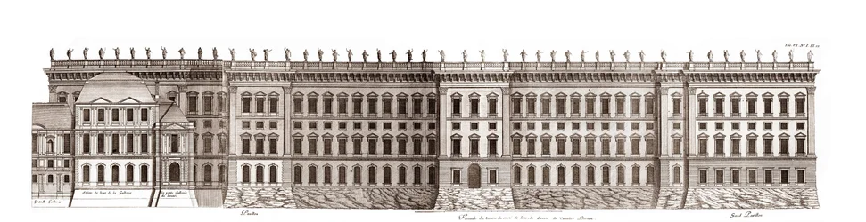 Der Louvre in Paris, Projekt von Gian Lorenzo Bernini: Erhebung der Hauptfassade zur Seine - Aus „Architecture françoise“ von Jacques-François Blondel - Gravur von Jean Marot
