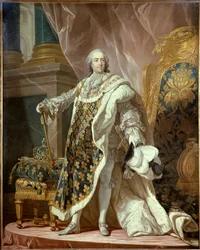 Ganzkörperporträt von Ludwig XV. (1710-1774) in heiligem Kostüm, König von Frankreich. Nach Louis Michel van Loo (1707-1771) 1761