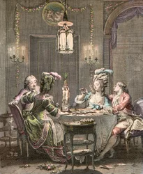 Das Gourmet-Abendessen - Gravur von Isidore Stanislas Helman (1743-1809) 1781 nach Moreau, Jean Michel der Jüngere (1741-1814)
