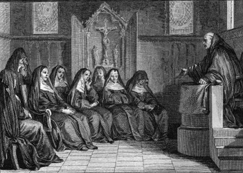 Abelard und Heloise: Pierre Abelard wurde Mönch der Abtei Saint Denis. Gravur von Jean Michel Moreau, genannt Moreau le Jeune.