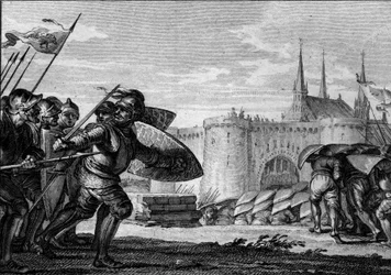 Wikingerarmee greift Saint Germain des Pres und seine Abtei an. 9. Jahrhundert (Regierung von Karl II. dem Kahlen). Gravur von Jean Michel Moreau, genannt Moreau le Jeune (1741-1814)