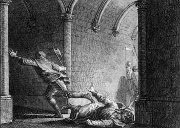 Ermordung Ebroins, Hausmeier von Neustrien, 681: Er wurde von Hermanfroi, einem Herrn, den er seines Besitzes beraubt hatte, mit einer Axt getötet. Stich von Jean Michel Moreau, genannt Moreau le Jeune (1741-1814)