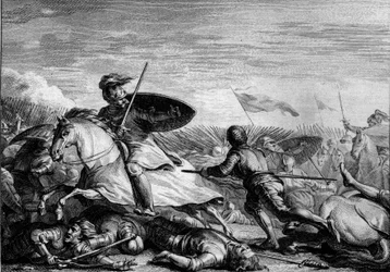 Schlacht von Fontenoy, 841: Flucht von Lothar I. (795-855) nach der Niederlage seiner Armee. Gravur von Jean Michel Moreau, genannt Moreau le Jeune (1741-1814)