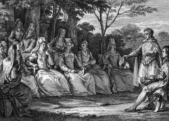 Hof der Liebe im Mittelalter in Anwesenheit der Troubadoure - Gravur von Jean Michel Moreau, genannt Moreau le Jeune (1741-1814)
