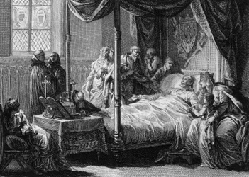 Tod von Dagobert I. (602/605-638), König der Franken, in Anwesenheit seiner Frau, Königin Nantilde (ca. 610-642), und seines Sohnes, des zukünftigen Chlodwig II. (ca. 635-657). Gravur von Jean Michel Moreau, genannt Moreau le Jeune (1741-1814)